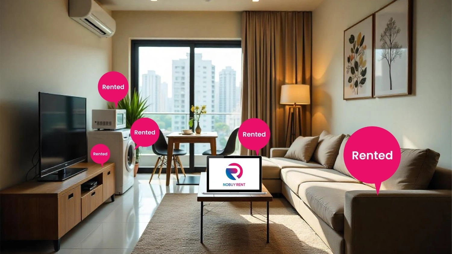 Furnished rental living space with rental appliances Rental Living Space with Rental items like sofa, tv etc