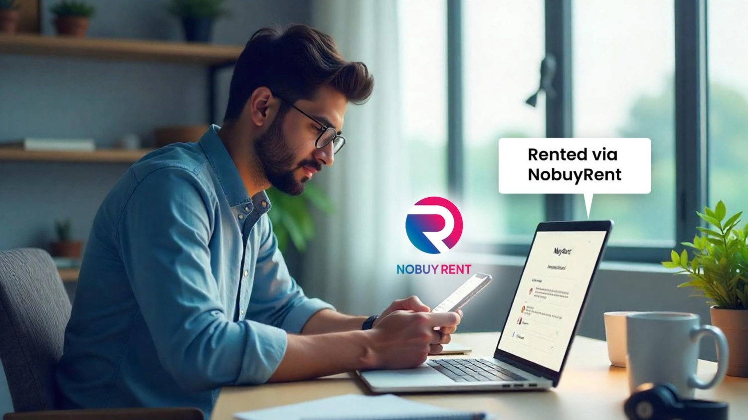 Indian Millennial Renting a Laptop Online Young Indian man renting a laptop from a digital platform on his phone