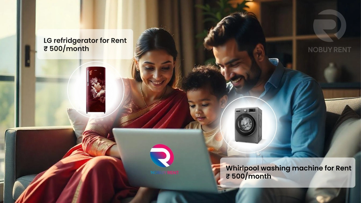 Young Indian couple browsing rental platform for home appliances