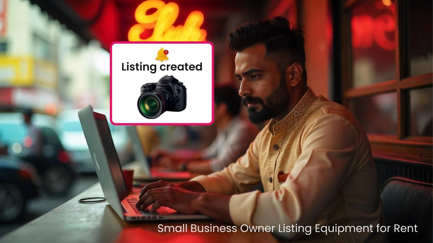 Indian man listing camera on rental marketplace