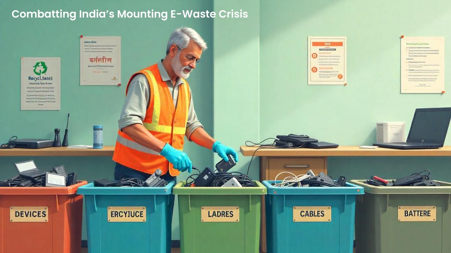 Old man working in e‑waste recovery facility 