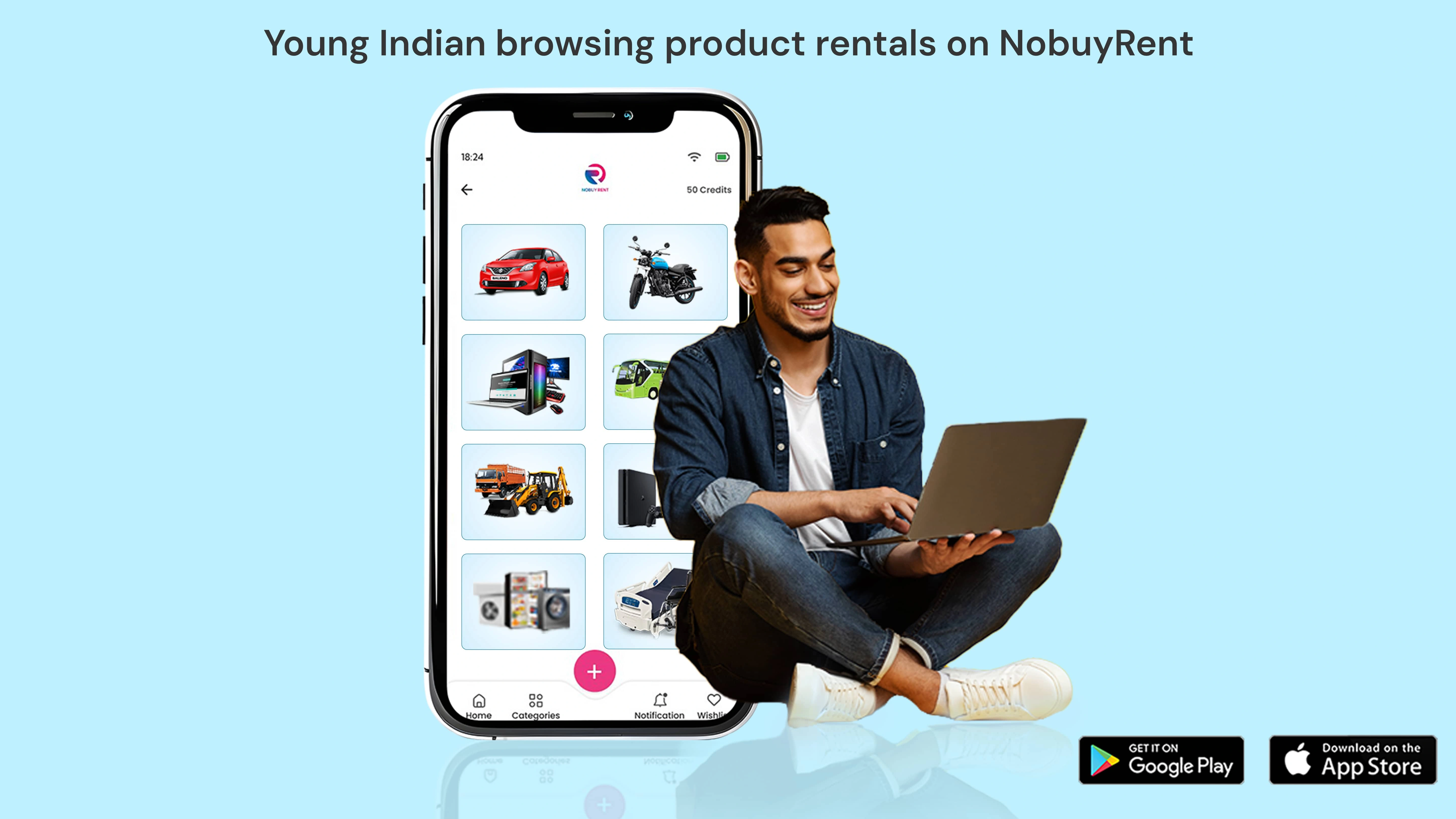 Young Indian browsing product rentals on NobuyRent app