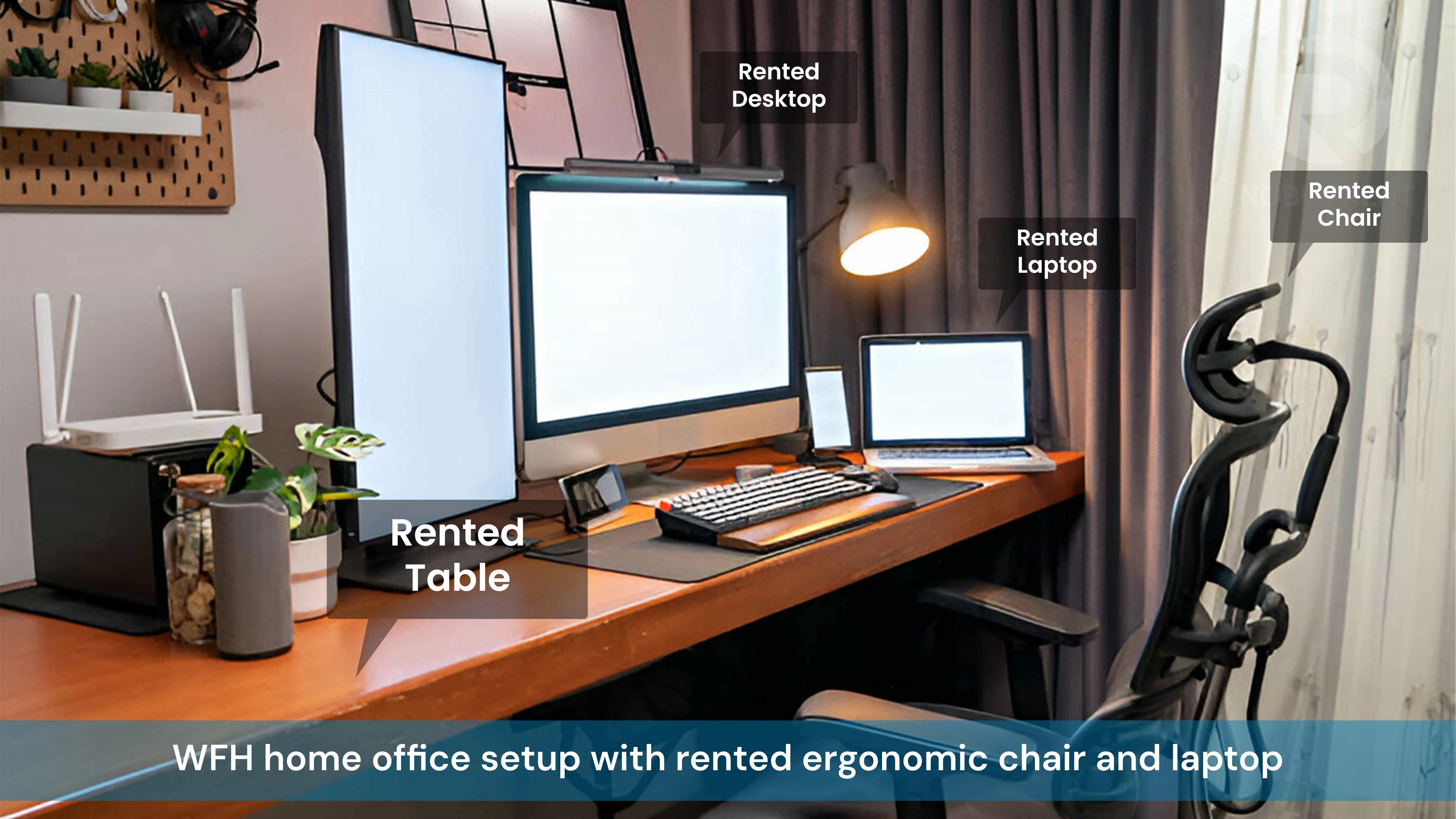 WFH home office setup with rented ergonomic chair and laptop