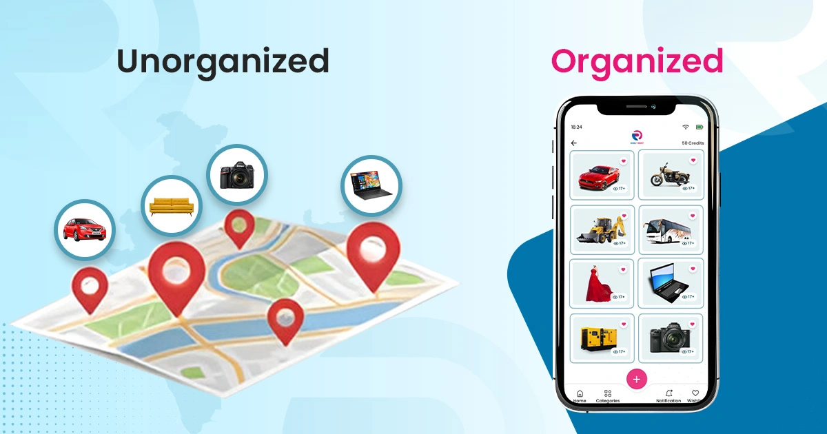 Screenshot of a mobile app interface showing product listings for camera, tools, and tents for rent in India
