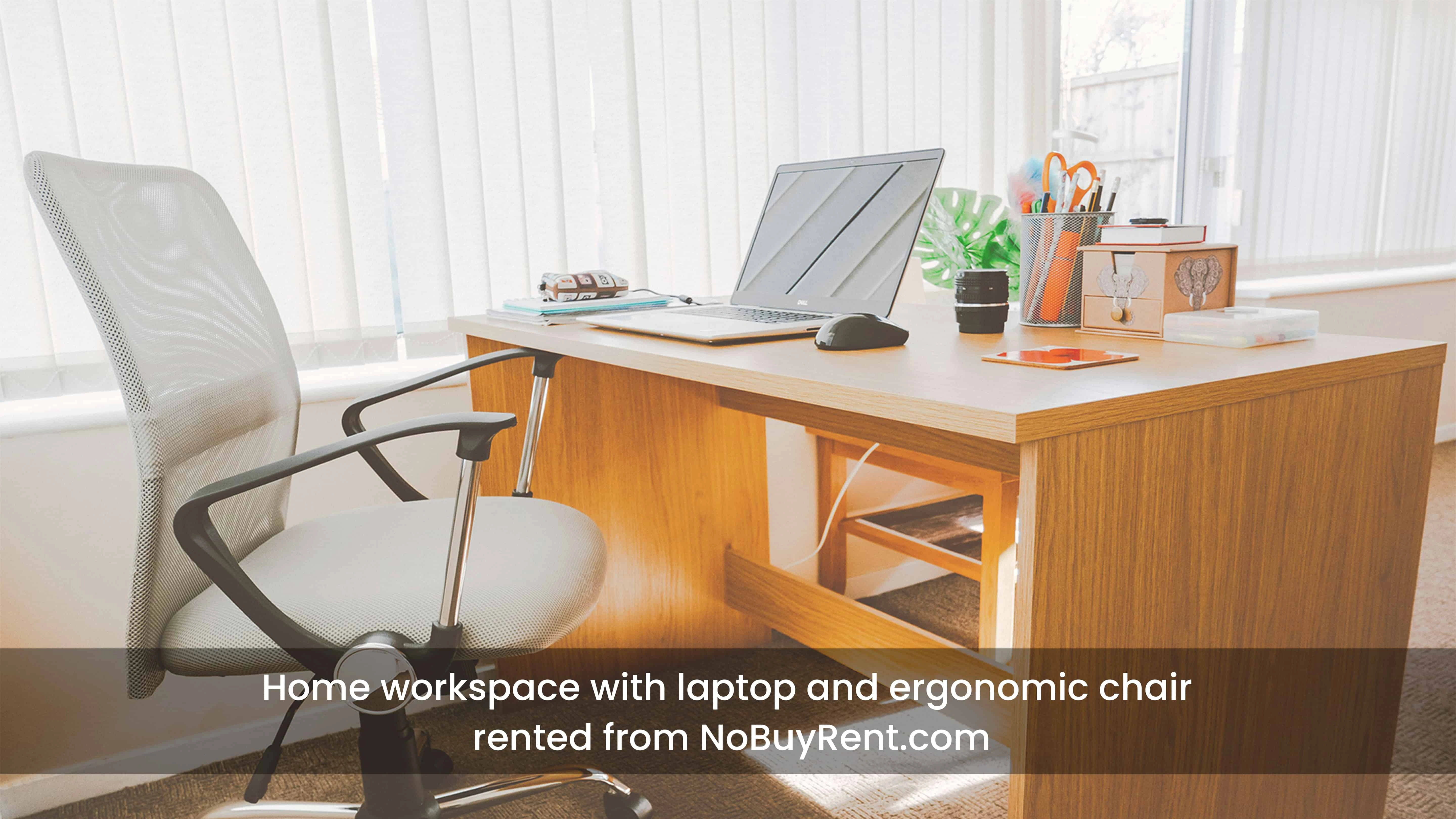 Home office setup rented by freelancer Home workspace with laptop and ergonomic chair rented from nobuyrent.com.