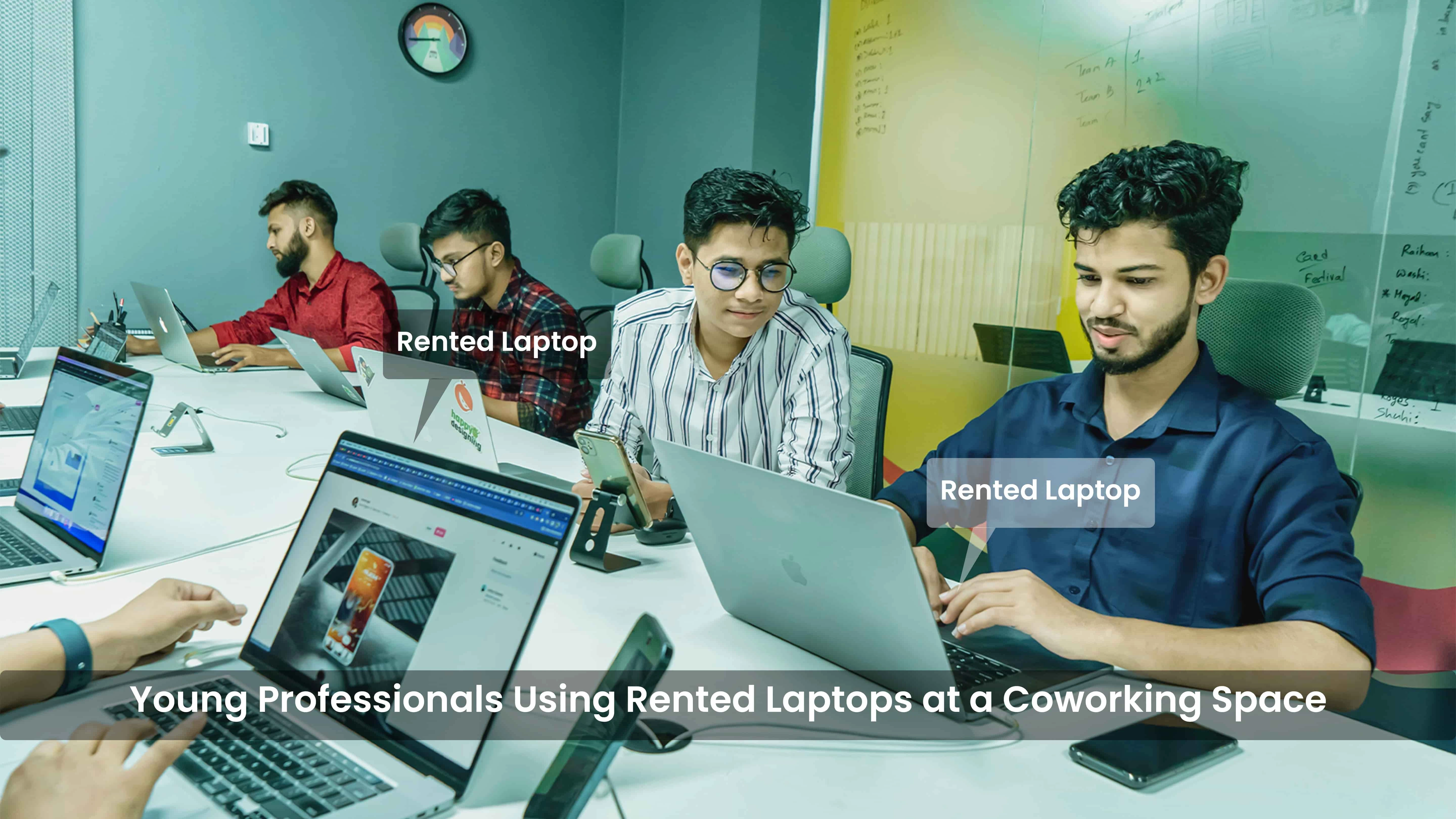 Rented Laptops for Statups Young Professional using Rented laptops at a Coworking space