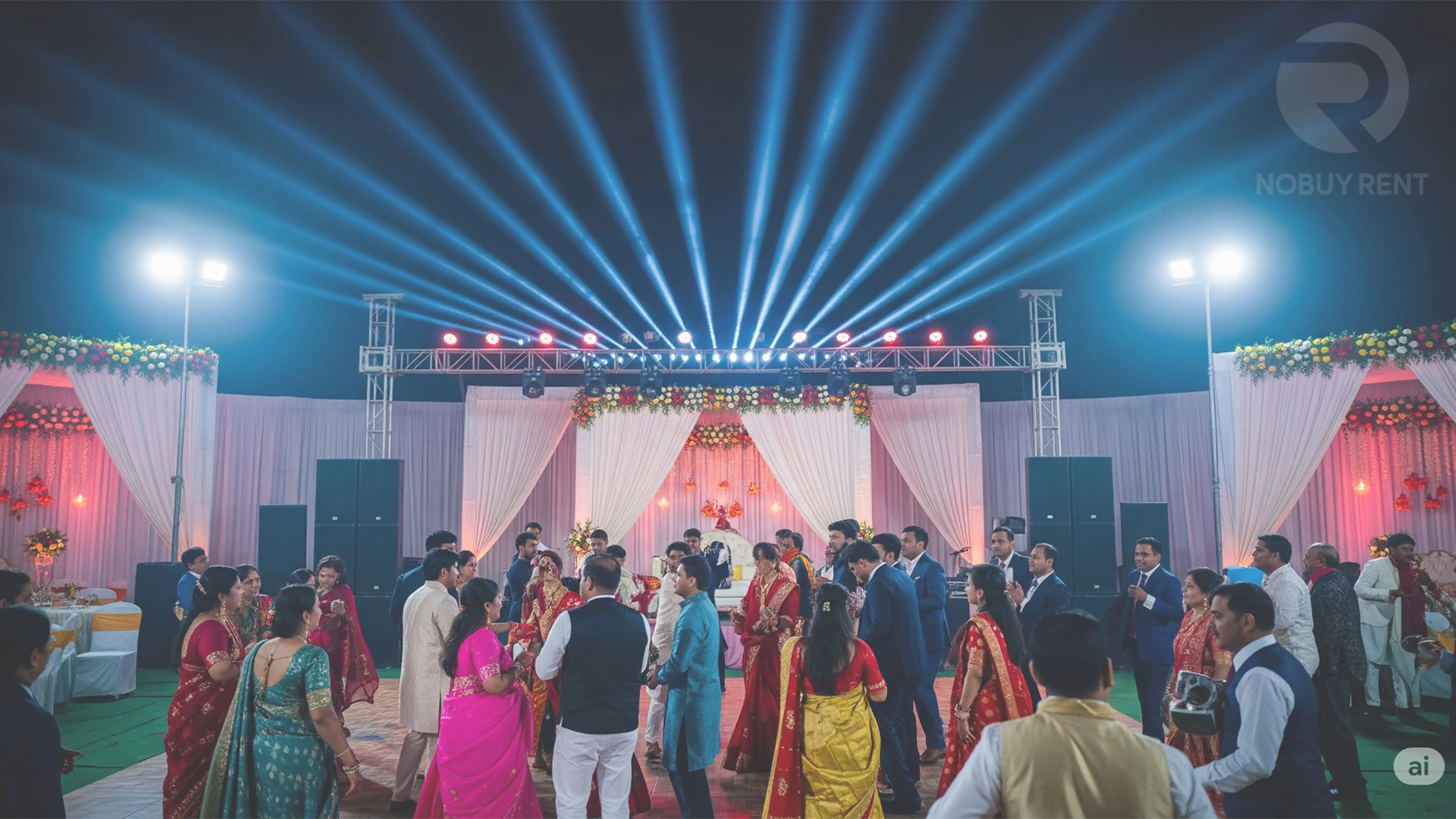 Party and Event Supplies Rental Rented event lighting and speakers set up for a wedding celebration