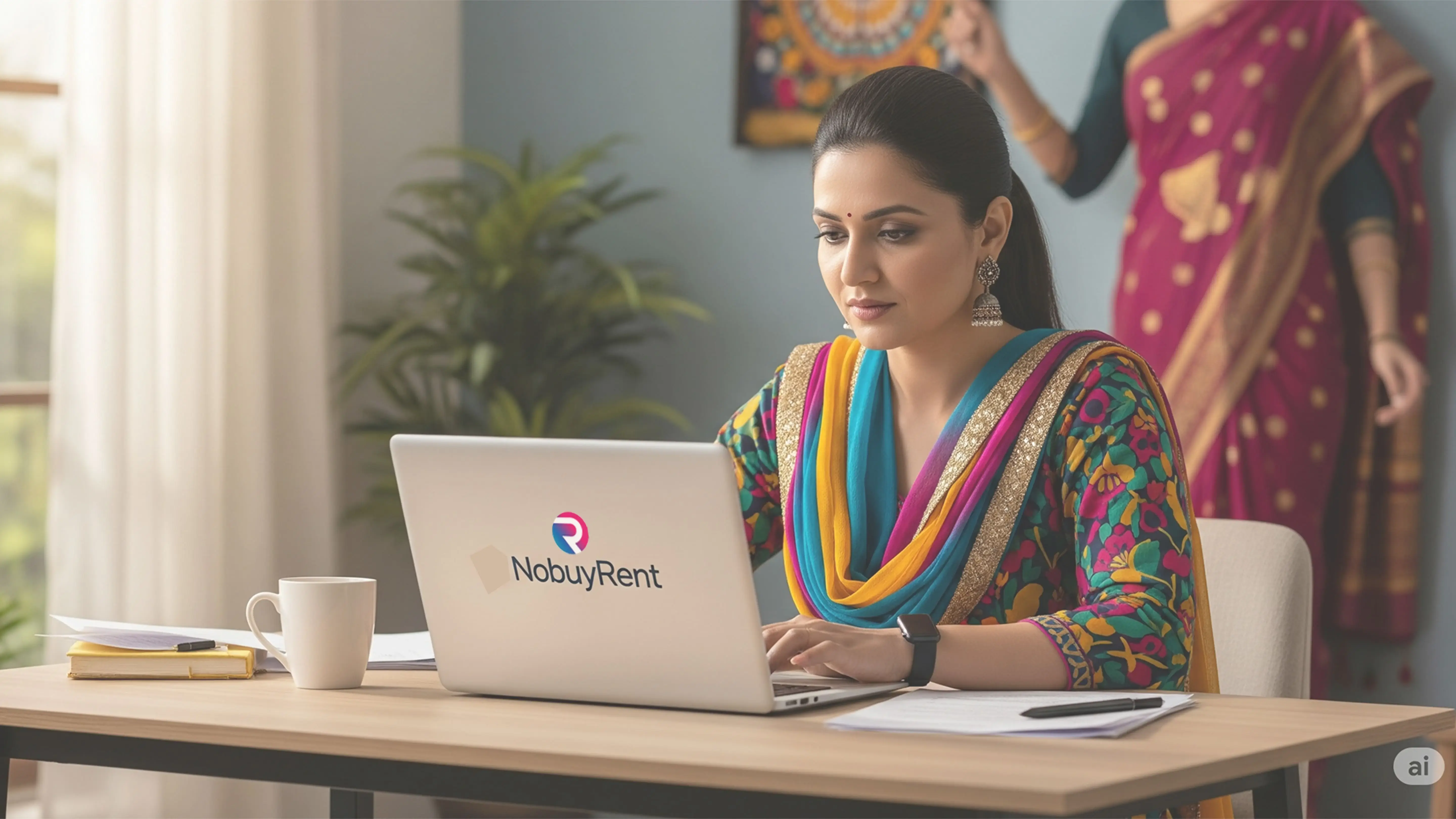 A person working remotely using a rented laptop from Nobuy Rent