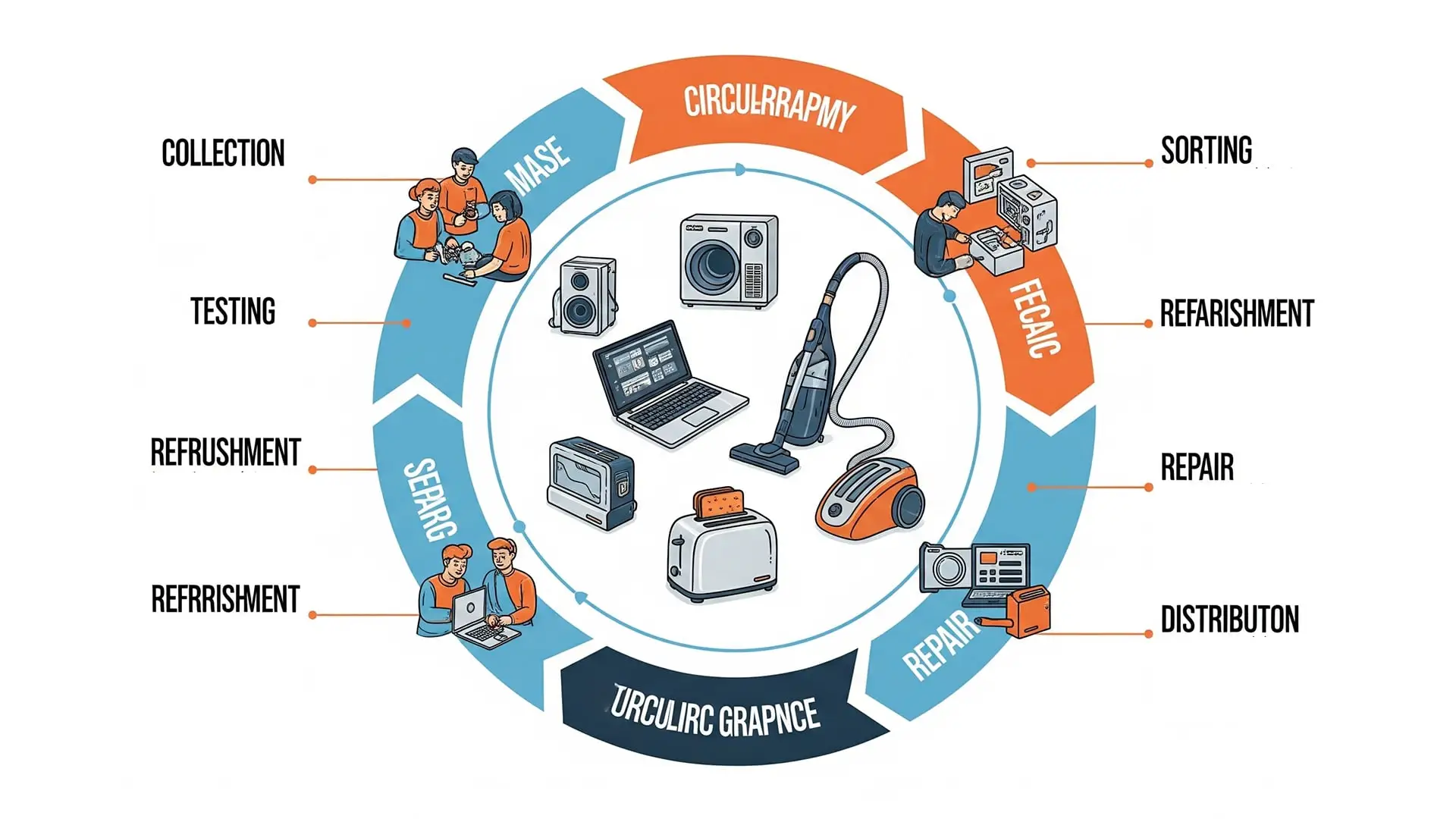 Reused electric Appliances Cycle Illustrate represents how Reused electric appliances shown in a circular economy infographic