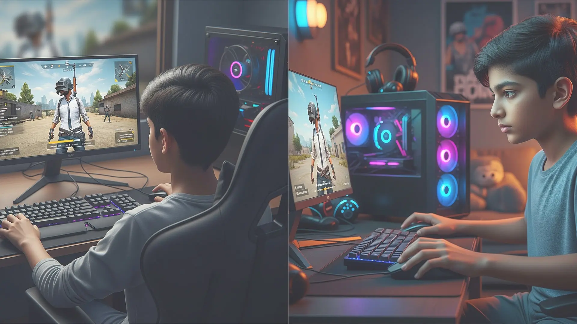 Gamer Testing High-End Rental PC Young gamer playing PUBG title on a rented gaming PC setup