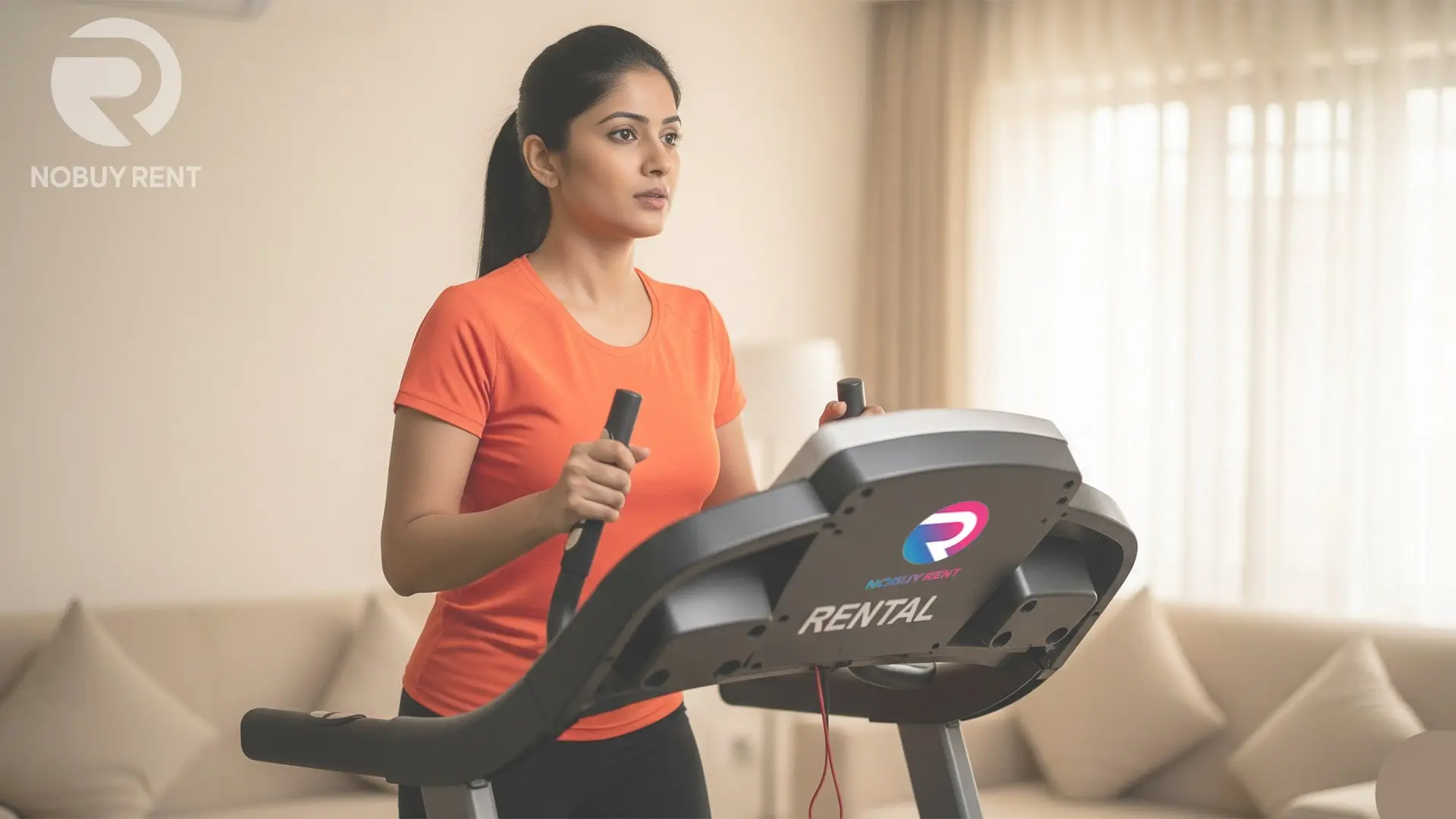 Online Rented fitness Equipment Woman doing cardio on rented treadmill at home