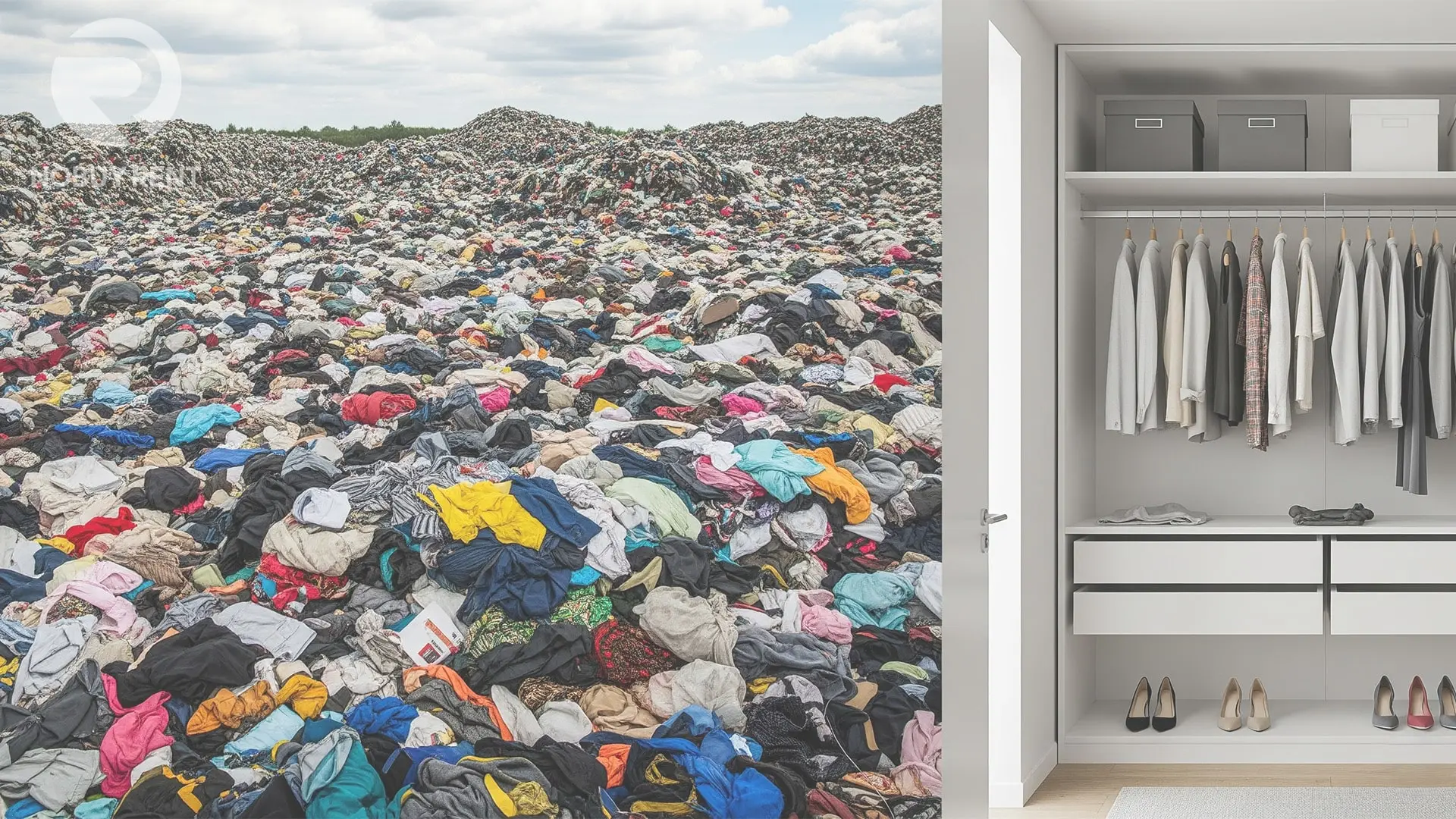 Fast Fashion vs. Sustainable Fashion A landfill filled with clothing next to a clean, minimalist closet
