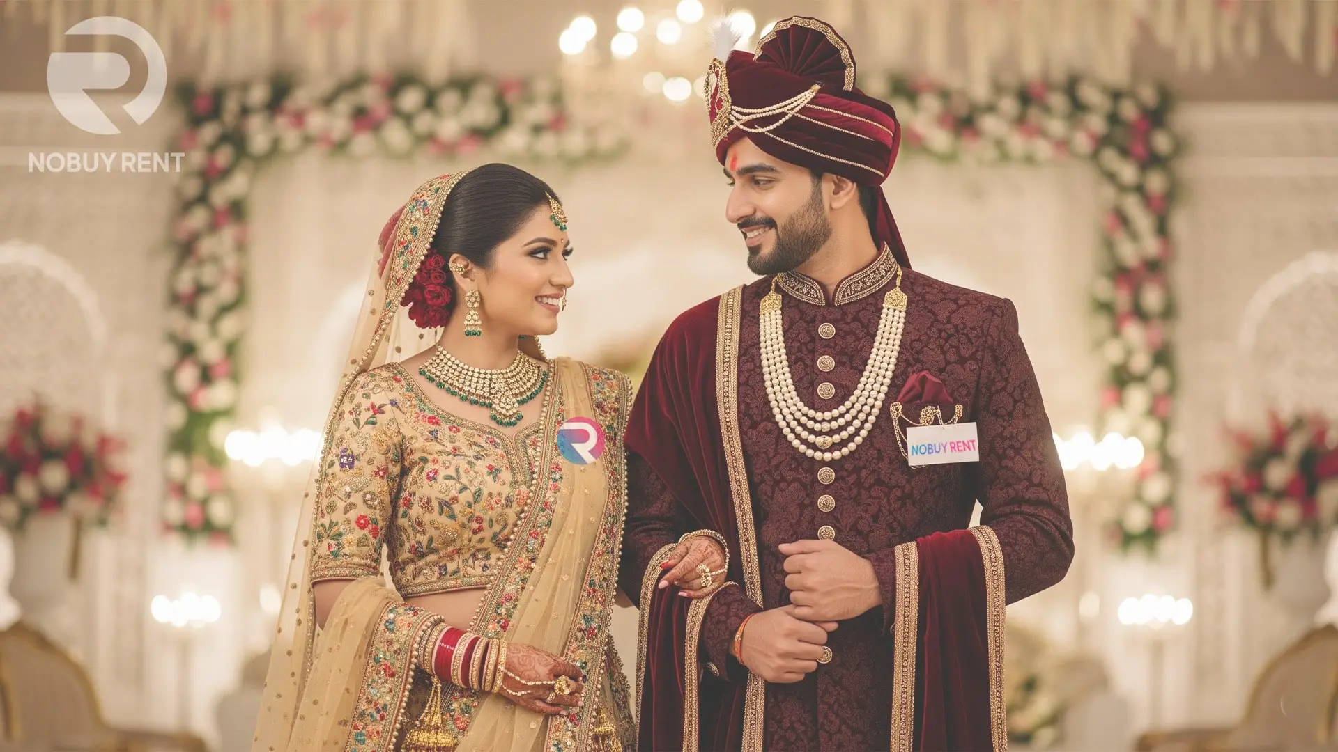 Bridal couple in rented designer outfits in India Indian bride and groom wearing luxury rental wedding wear in 2025.