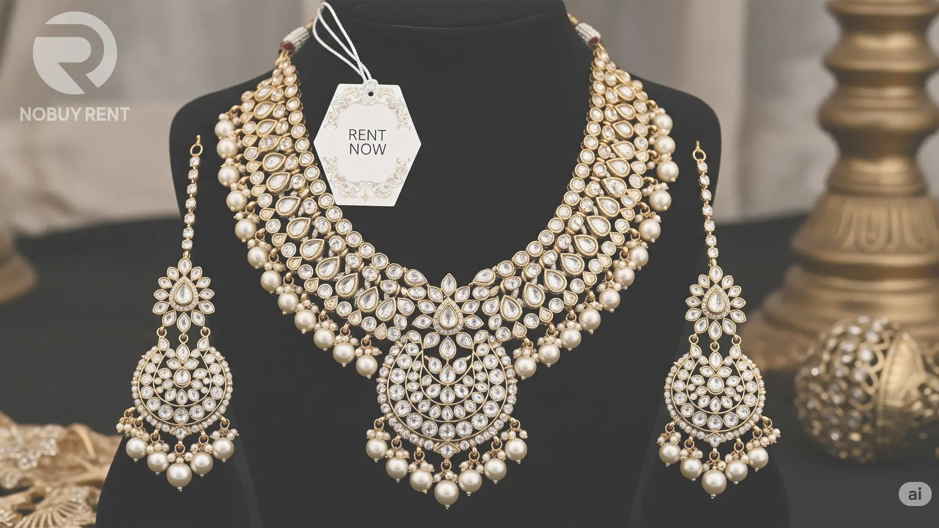 Jewelry rental options for Indian weddings Polki bridal necklace set on rent for modern Indian wedding.