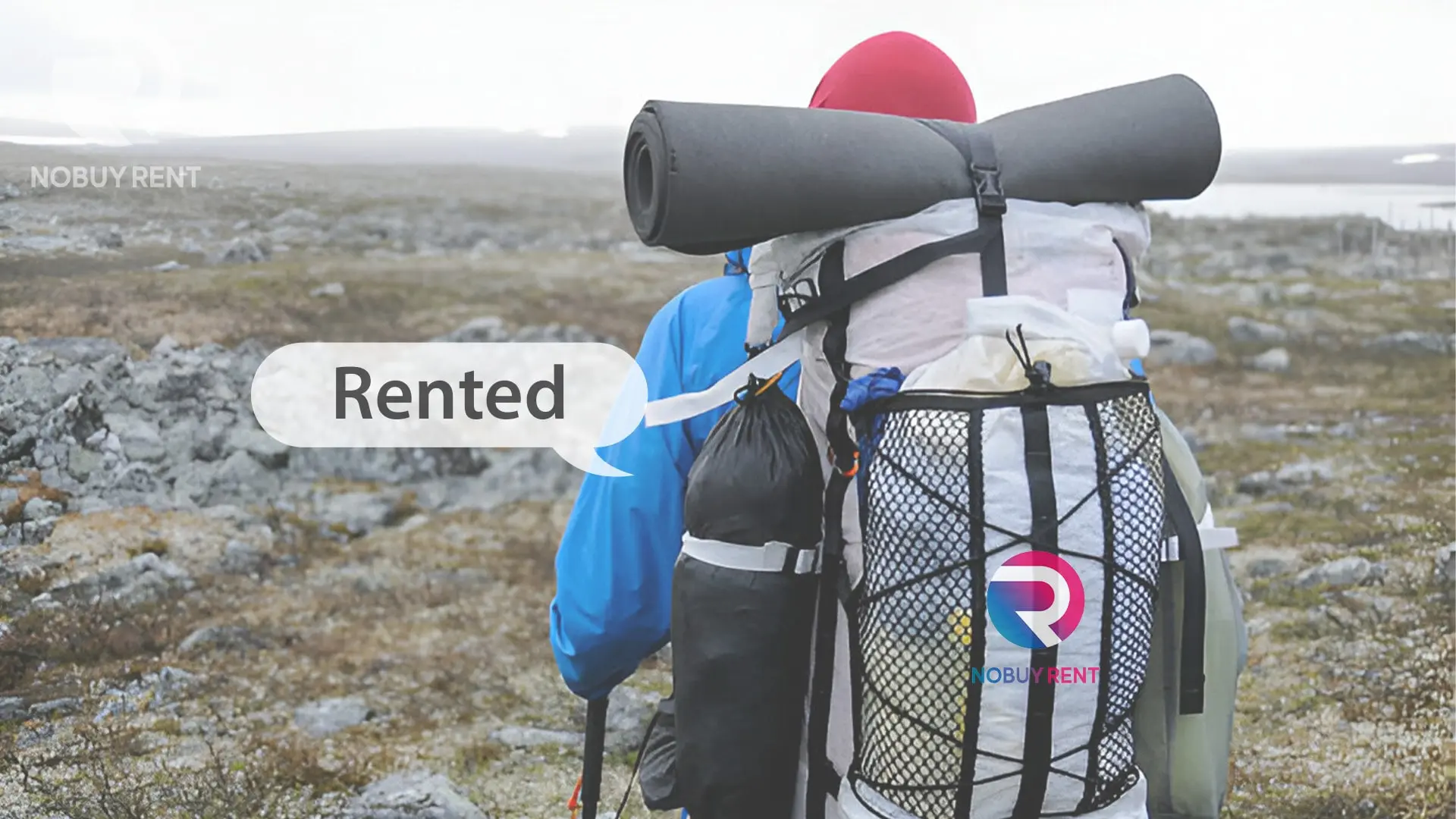 Rented Trekking Products Traveler with rented backpack and gear on a mountain