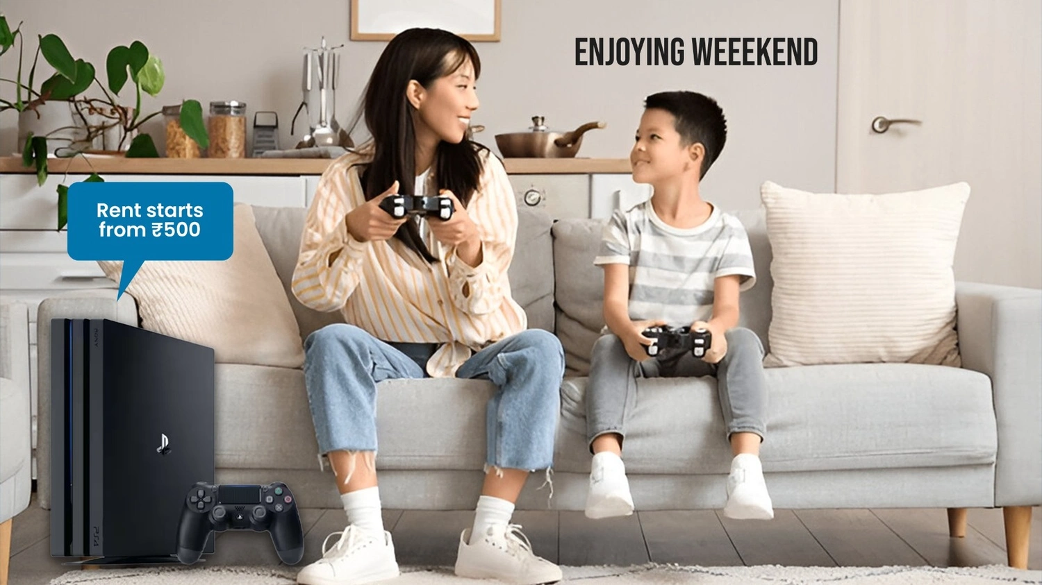 Minimal Commitment to Access Premium Produts Mother and Son Playing with Rented PS5